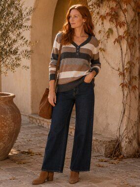 St John’s Bay Striped Henley Sweater XL Neutral Brown Gray Long Sleeve Knit